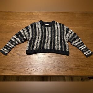Billabong Black and Cream Striped Cotton Knit Crewneck Sweater